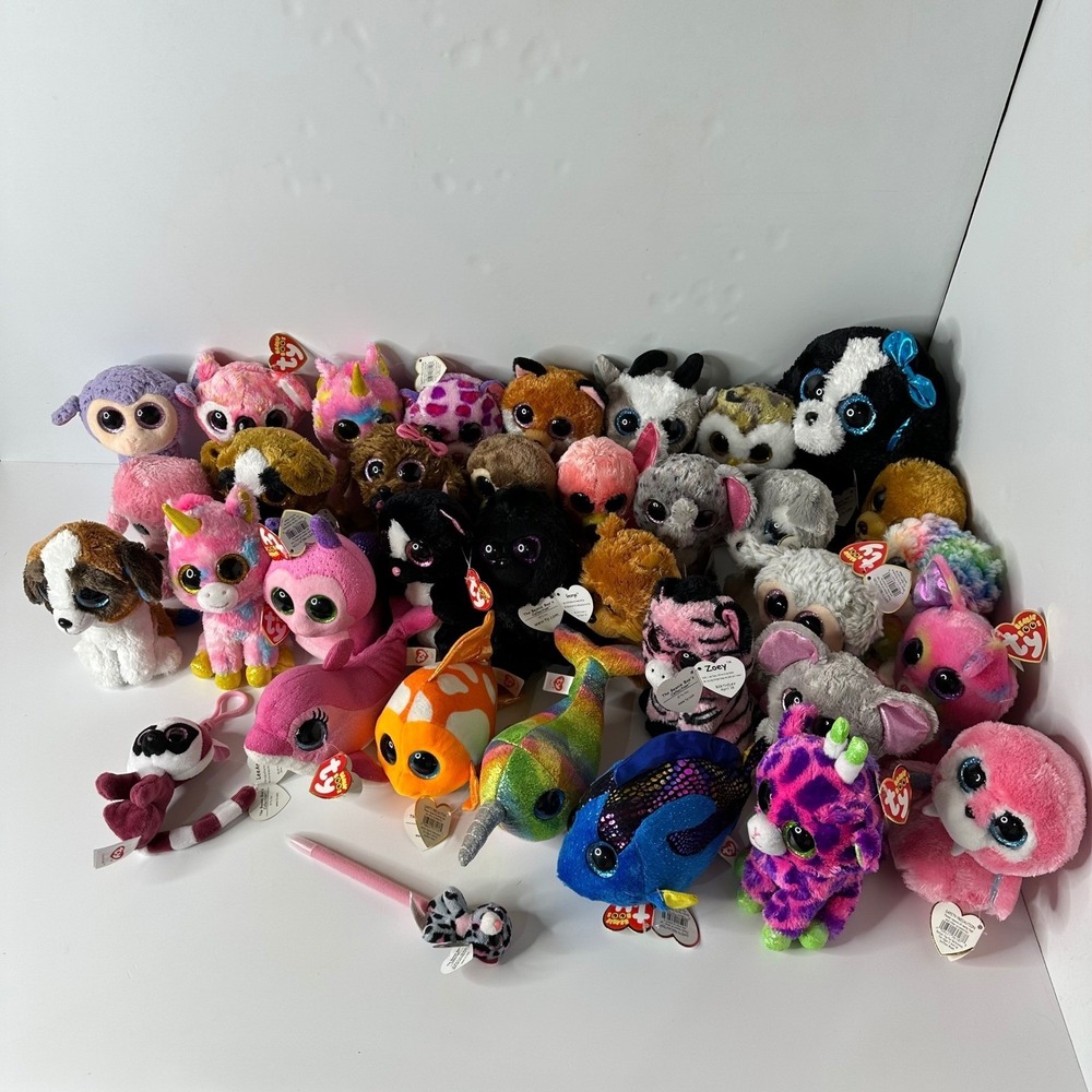 Mixed Lot 35 Ty Beanie Boos Plush Animals Glitter Eyes 6" 9" Tracey Keychain Pen